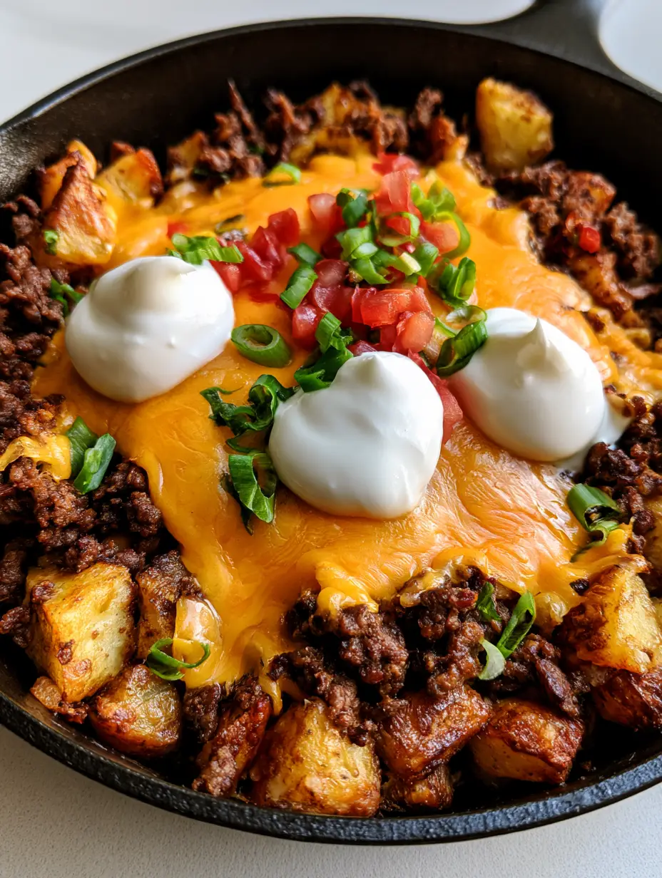A close up smartphone photo of Cheesy Taco Potatoes in a black skillet showing crispy edges and melted cheese. (Cheesy Taco Potatoes)
