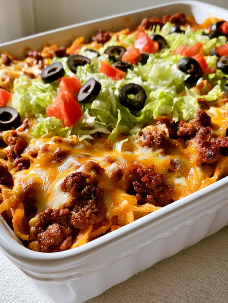 Walking Taco Casserole: The Ultimate Cheesy Frito Ground Beef Bake 2 A smartphone photo of Walking Taco Casserole in a white rectangular dish featuring Fritos, taco meat, melted orange cheese, lettuce, and olives. (Walking Taco Casserole)
