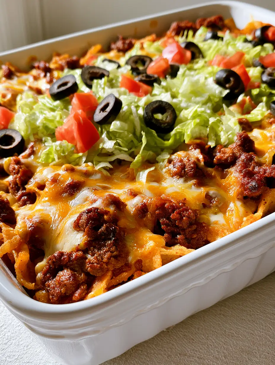 Walking Taco Casserole: The Ultimate Cheesy Frito Ground Beef Bake 4 A smartphone photo of Walking Taco Casserole in a white rectangular dish featuring Fritos, taco meat, melted orange cheese, lettuce, and olives. (Walking Taco Casserole)
