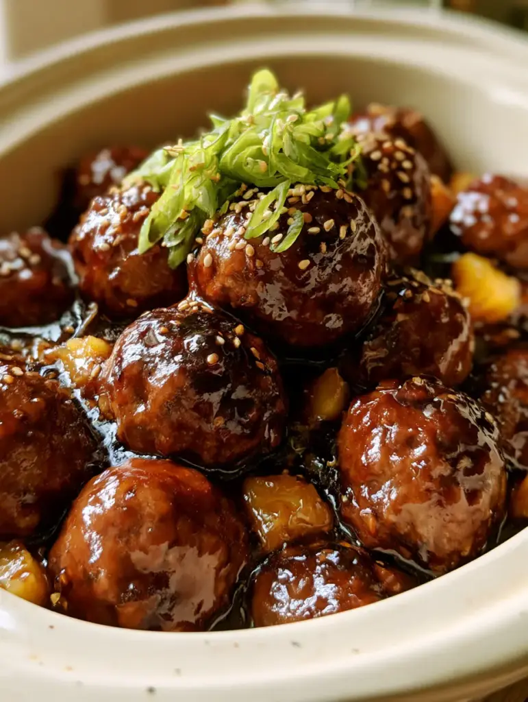 Slow Cooker Teriyaki Meatballs with Shimmering Mahogany Glaze 1 Slow Cooker Teriyaki Meatballs garnished with green scallions and sesame seeds in a white ceramic insert.