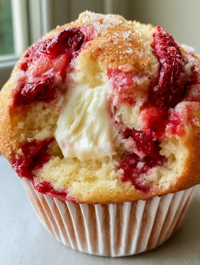 Strawberry Cream Cheese Muffins with a Hidden Cheesecake Center 1 A handheld photo of a strawberry cream cheese muffin with a golden brown top and sugar dusting under natural window light.