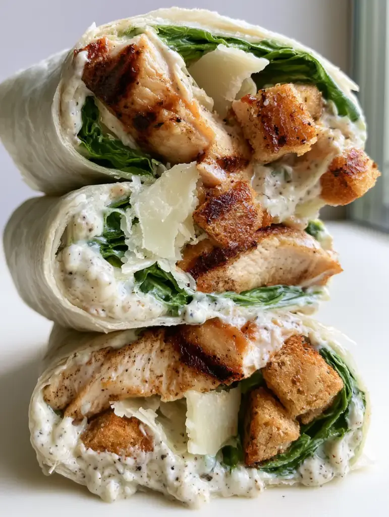 A handheld view of a sliced Chicken Caesar Wrap stack on a neutral white background.