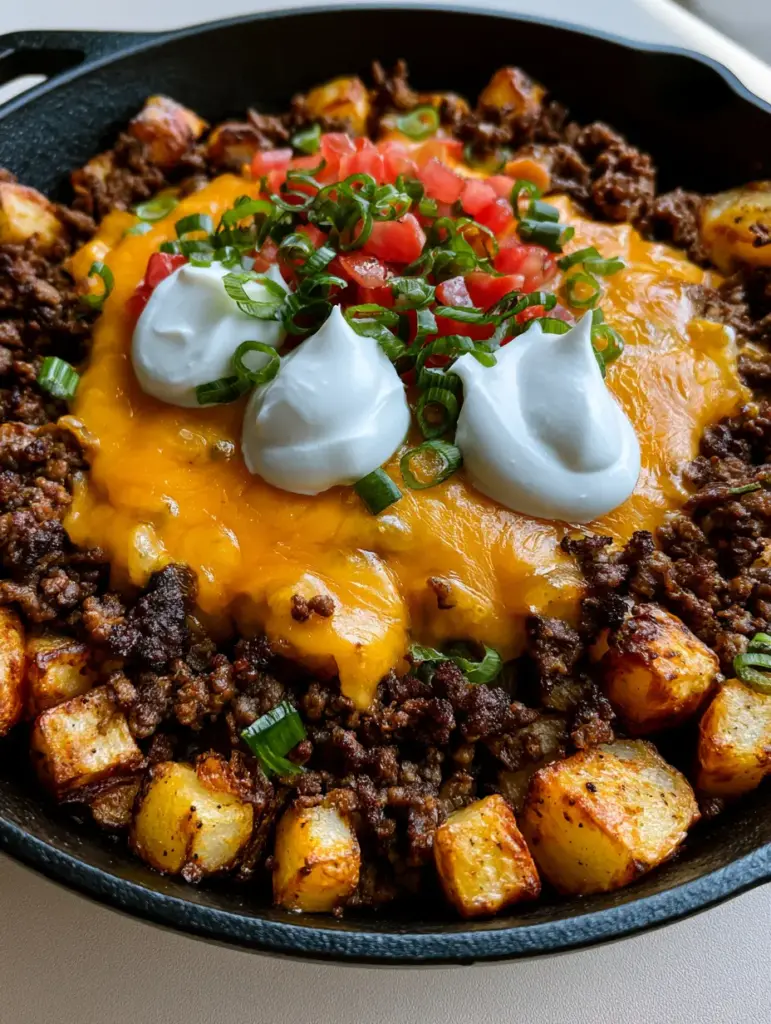 Aerial handheld shot of seasoned ground beef and melted cheddar cheese over roasted potatoes in a skillet.