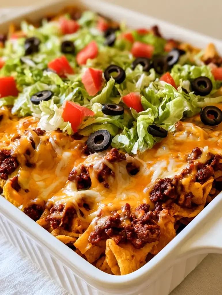 Walking Taco Casserole: The Ultimate Cheesy Frito Ground Beef Bake 1 Close up of Walking Taco Casserole highlighting the golden crunchy Fritos base and bubbly cheddar cheese topping.