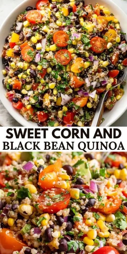 A vertical Pinterest pin showing a white ceramic bowl of Quinoa Black Bean Salad with charred corn and thin jalapeno slivers.