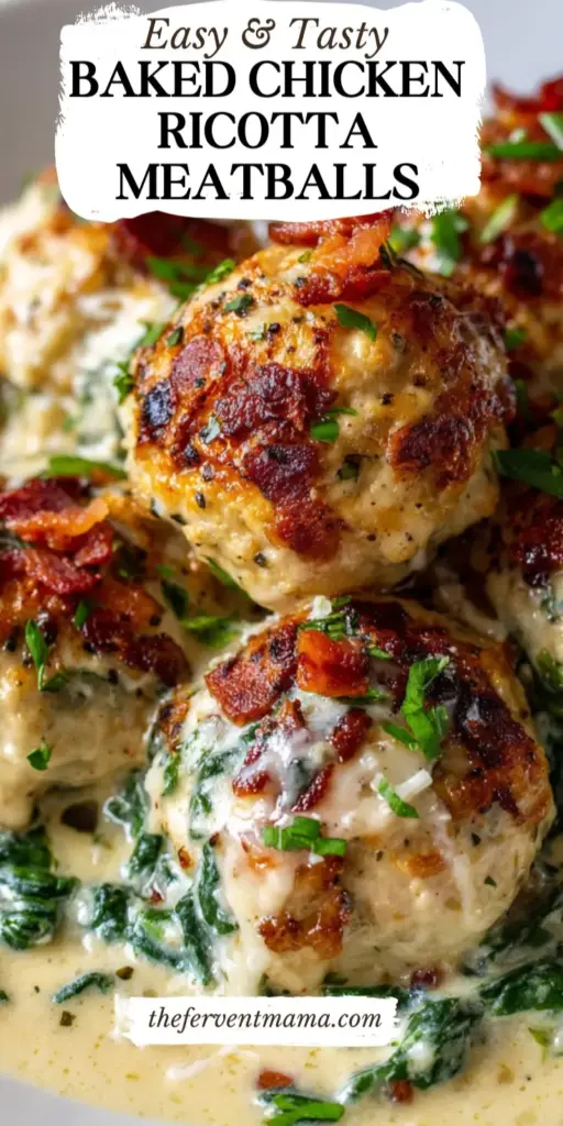 A small black cast iron skillet featuring six large Chicken Ricotta Meatballs in a thick red sauce with melted mozzarella and fresh basil garnish.