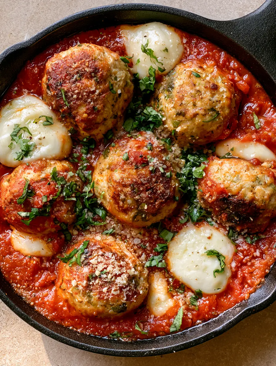 Top-down view of six golden-brown Chicken Ricotta Meatballs nestled in chunky marinara sauce with gooey white mozzarella.