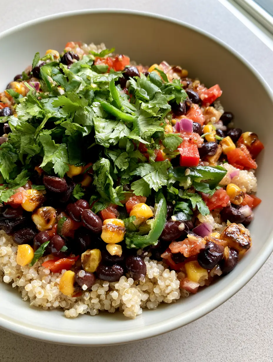 High-angle smartphone photo of a white ceramic bowl filled with fluffy white Quinoa Black Bean Salad and vibrant red peppers.