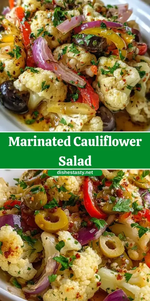 A tall Pinterest pin showing a Marinated Cauliflower Salad in a glass bowl with text overlay 'The Best Marinated Cauliflower Salad'.