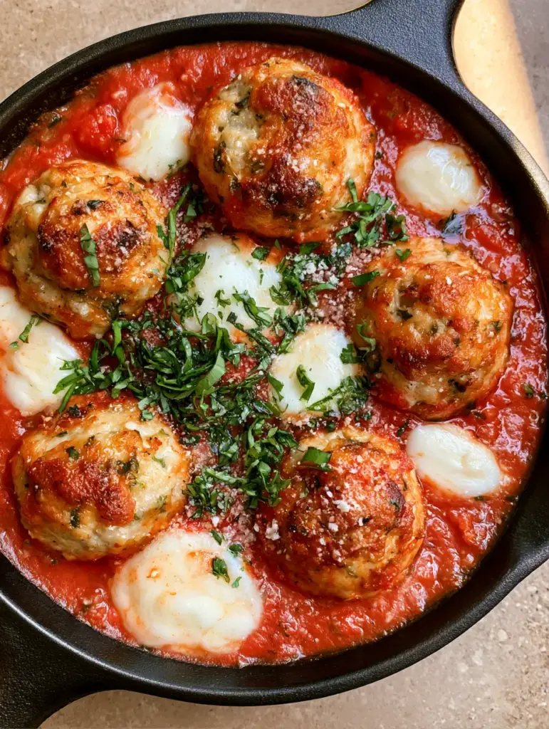 Close-up of textured Chicken Ricotta Meatballs with visible green herbs, melted mozzarella, and a dusting of parmesan cheese.