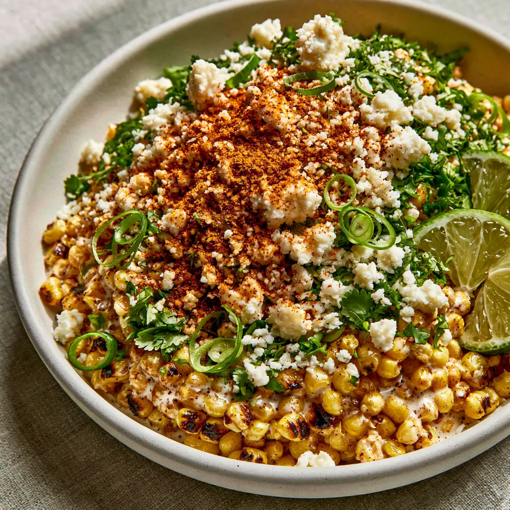Corn Salad with Charred Kernels and Creamy Lime Crema 2 Top-down hero shot of charred Corn Salad in a matte white bowl with vibrant lime wedges and cilantro. (Corn Salad)