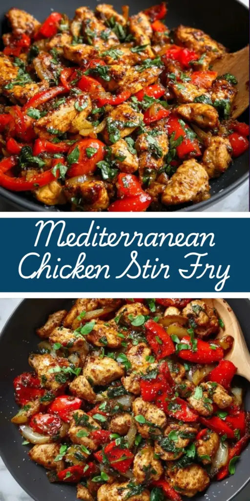 Vertical Pinterest Pin showing a black cast iron skillet with Mediterranean Chicken Stir Fry, blistered tomatoes, wilted spinach, and crumbled feta cheese.