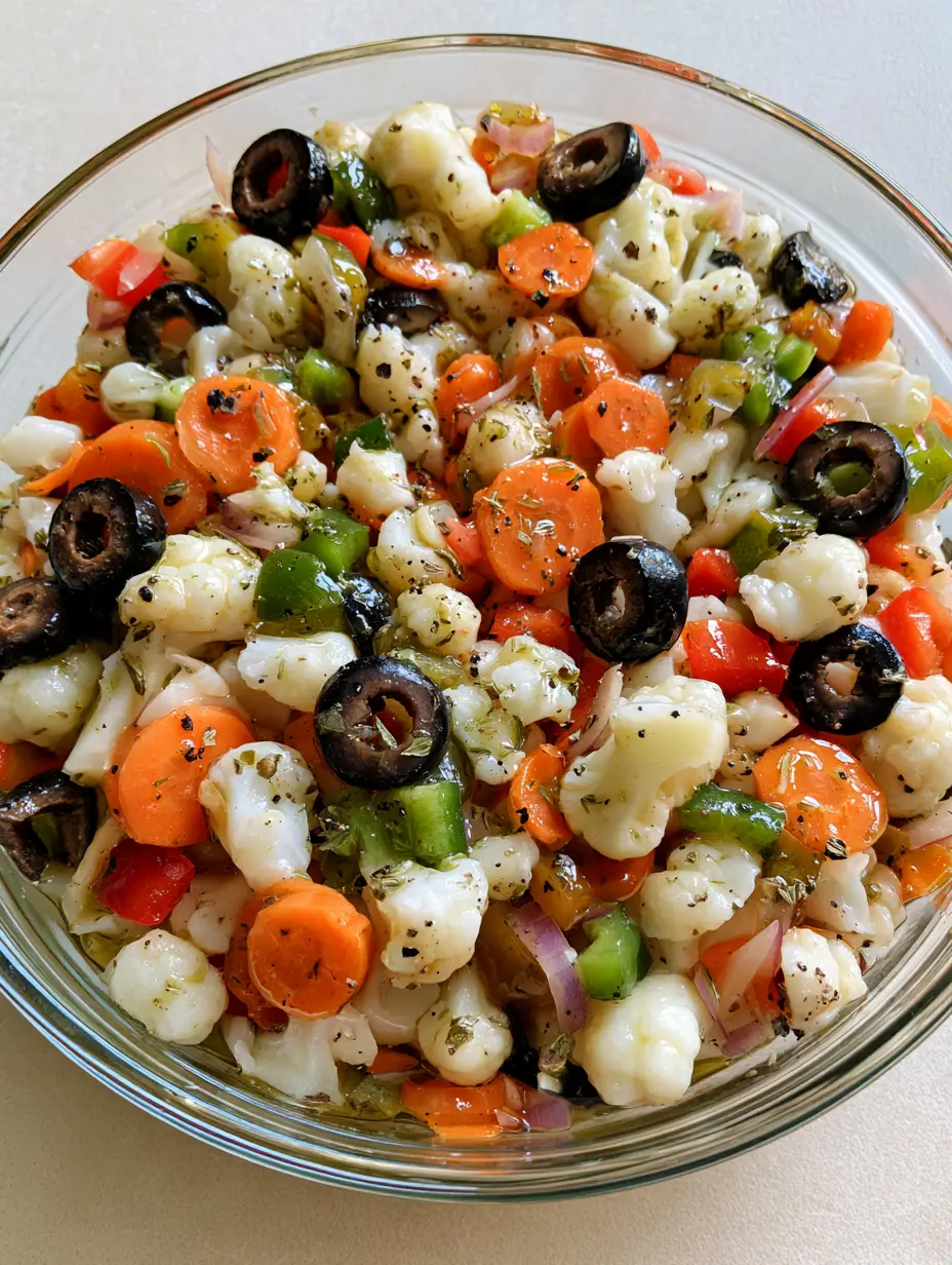 Top-down view of Marinated Cauliflower Salad in a clear glass bowl showing raw florets, carrots, and peppers in a glossy dressing. (Marinated Cauliflower Salad)