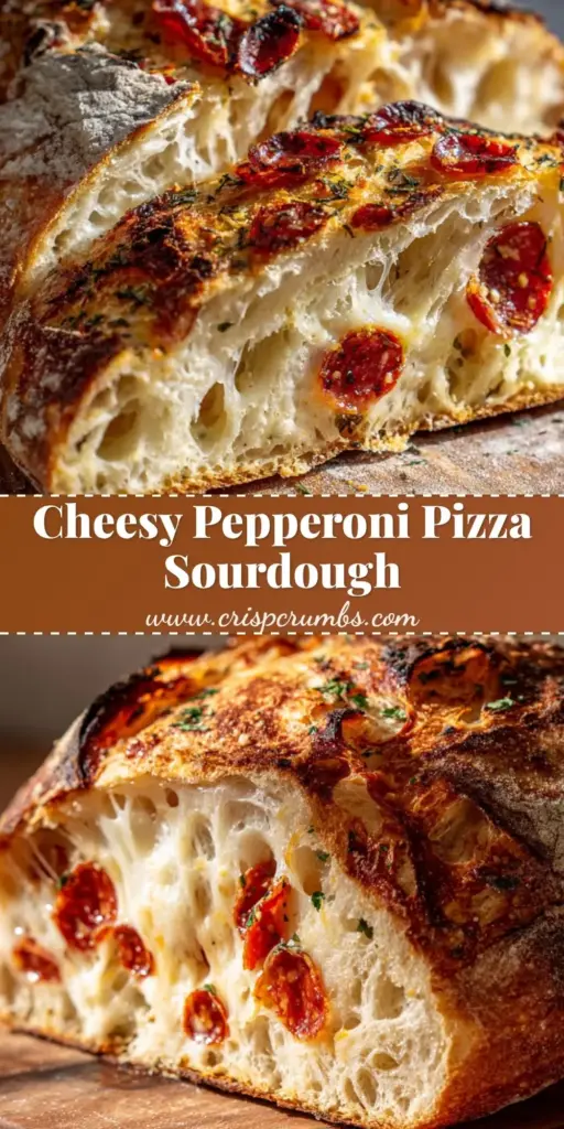 A Pinterest-style vertical graphic showing a thick slice of Pizza Sourdough Bread with gooey melted mozzarella and charred pepperoni edges.