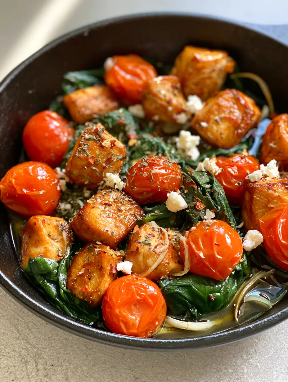 A close-up smartphone photo of golden-brown seared chicken cubes and whole blistered cherry tomatoes in a black skillet. (Mediterranean Chicken Stir Fry)