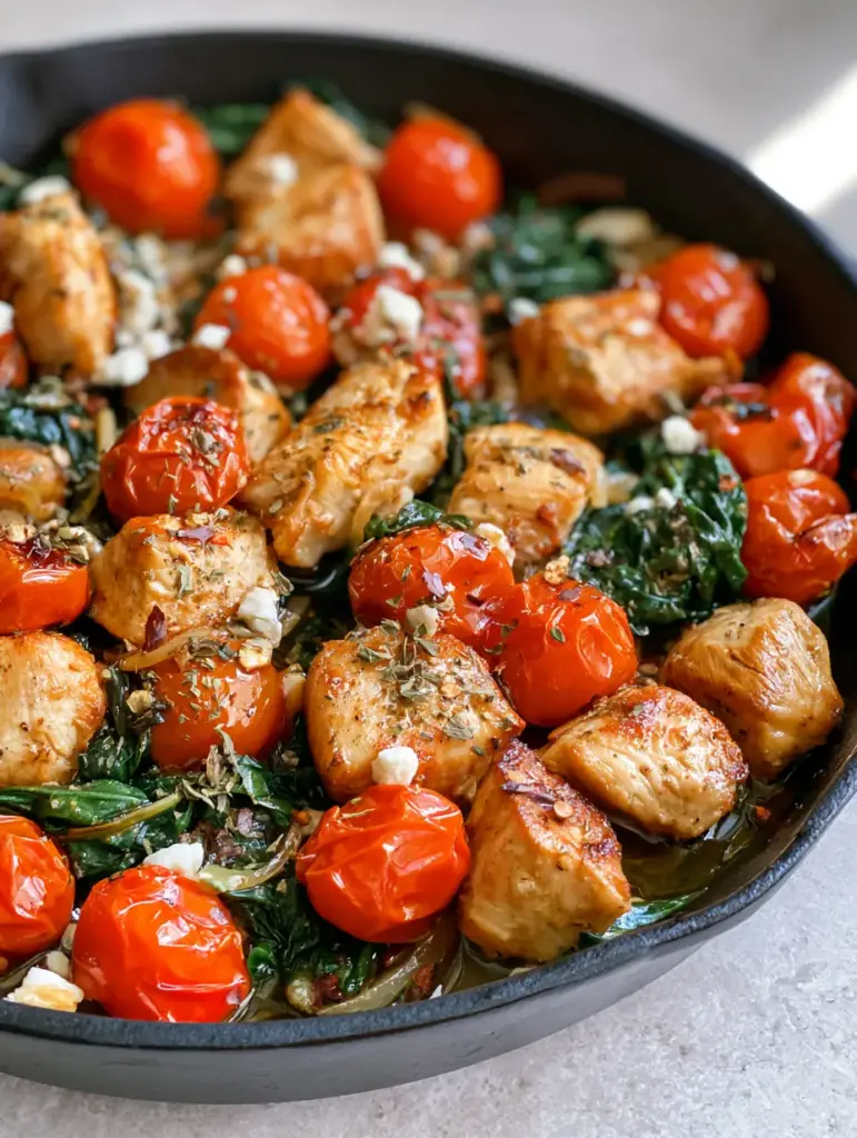 Top-down view of Mediterranean Chicken Stir Fry garnished with white feta crumbles and dried oregano flakes on a gray stone background.