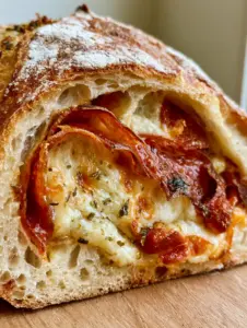 A close-up of artisan Pizza Sourdough Bread with a flour-dusted crust and visible pepperoni slices.
