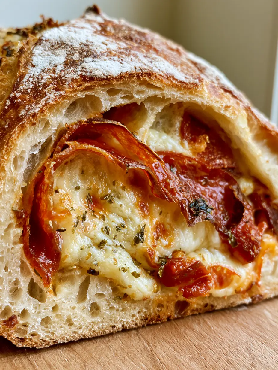 A close-up of artisan Pizza Sourdough Bread with a flour-dusted crust and visible pepperoni slices.