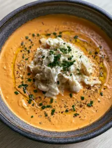 Close-up of a rustic charcoal bowl containing thick orange seafood stew garnished with chives and cracked black pepper. (Creamy Crab Stew Recipe)