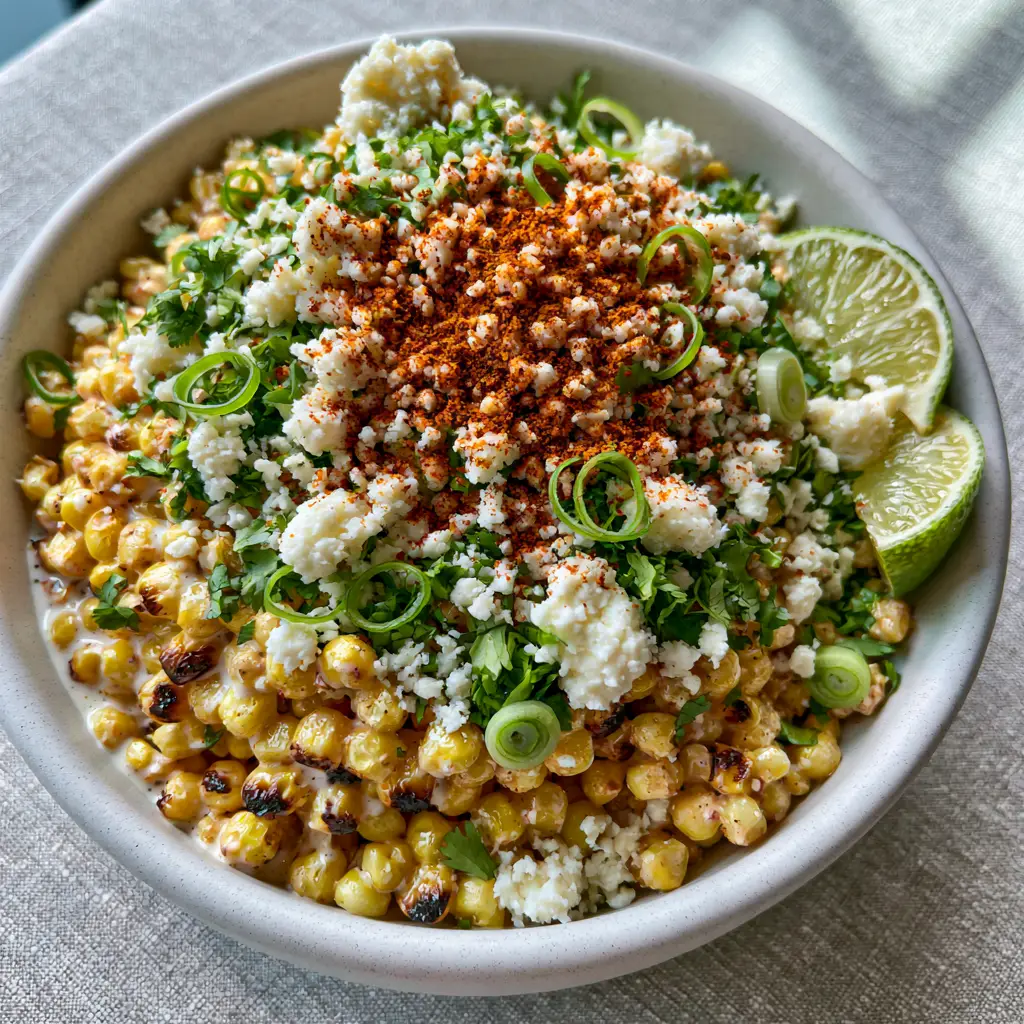 Corn Salad with Charred Kernels and Creamy Lime Crema 1 Detailed view of the smoky paprika dusting and snowy cotija cheese crumbles on top of the Corn Salad.