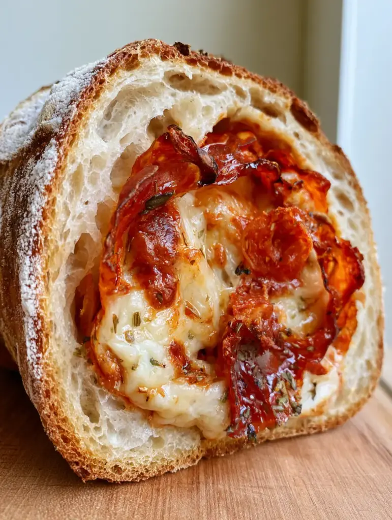 Inside view of a Pizza Sourdough Bread slice showing melted cheese and curled pepperoni.