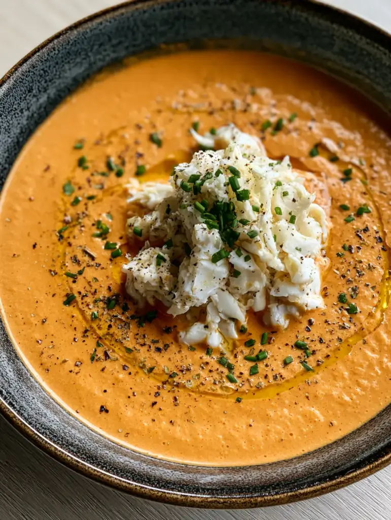 Top-down view of a Creamy Crab Stew Recipe in a dark bowl on a light wooden background with succulent white lump crab meat.