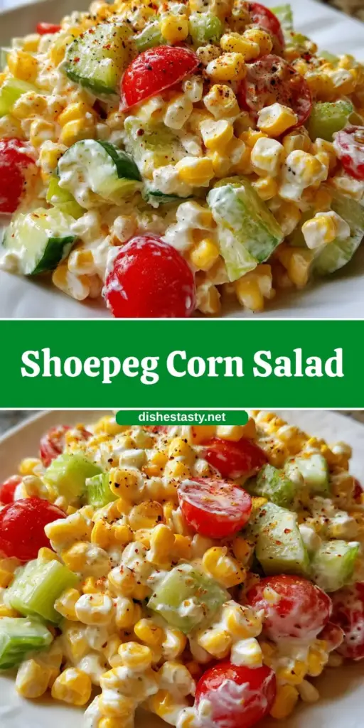 A tall Pinterest pin showing a clear glass bowl of Shoepeg Corn Salad with white corn, peppers, and parsley.