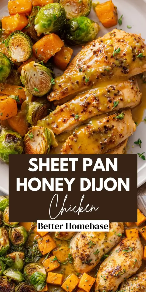 A handheld smartphone photo of a silver metal sheet pan featuring Sheet Pan Honey Dijon Chicken, charred Brussels sprouts, and orange sweet potato cubes.