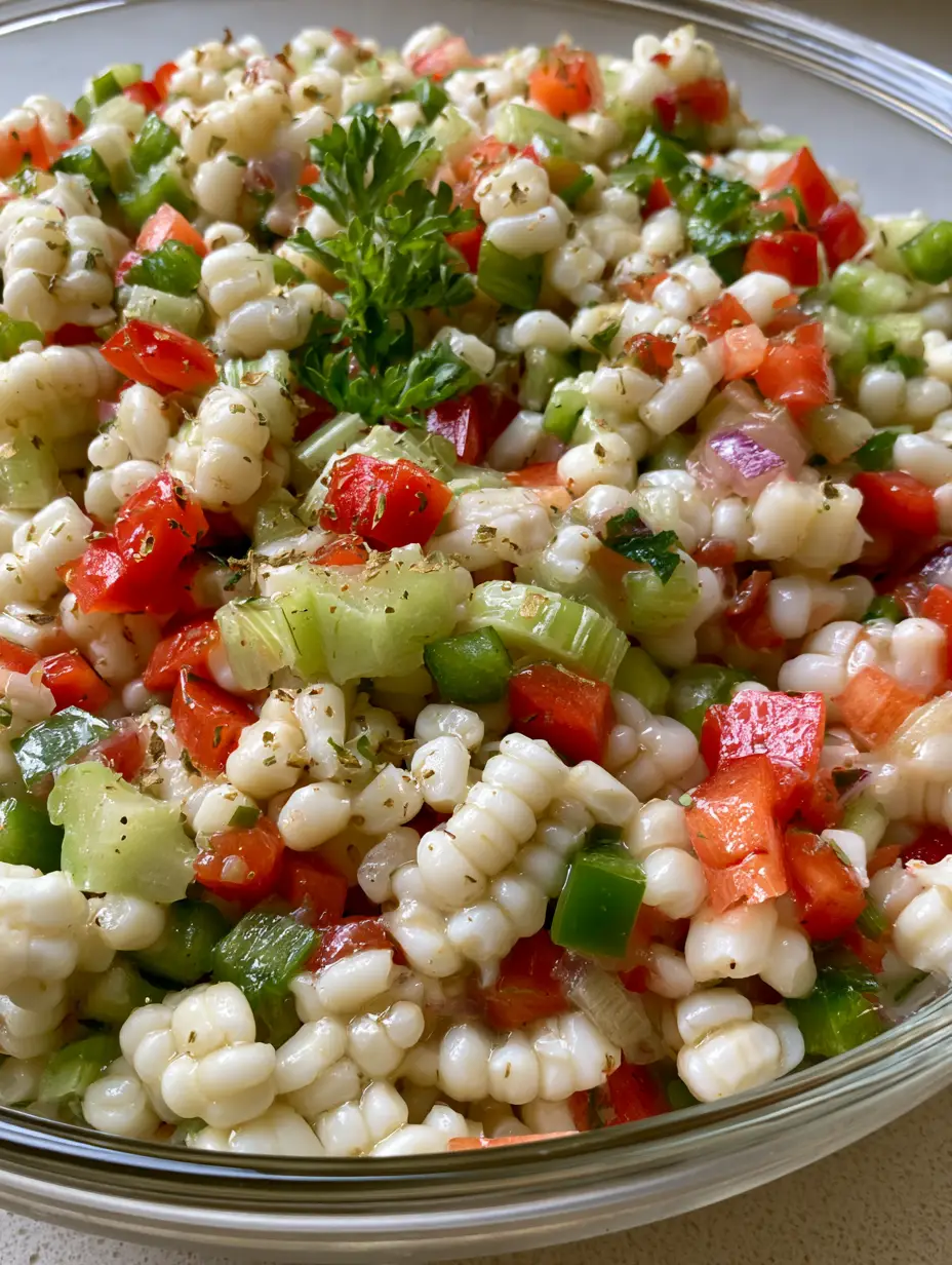 Close-up of Shoepeg Corn Salad in a glass bowl showing the glossy dressing and narrow white kernels.