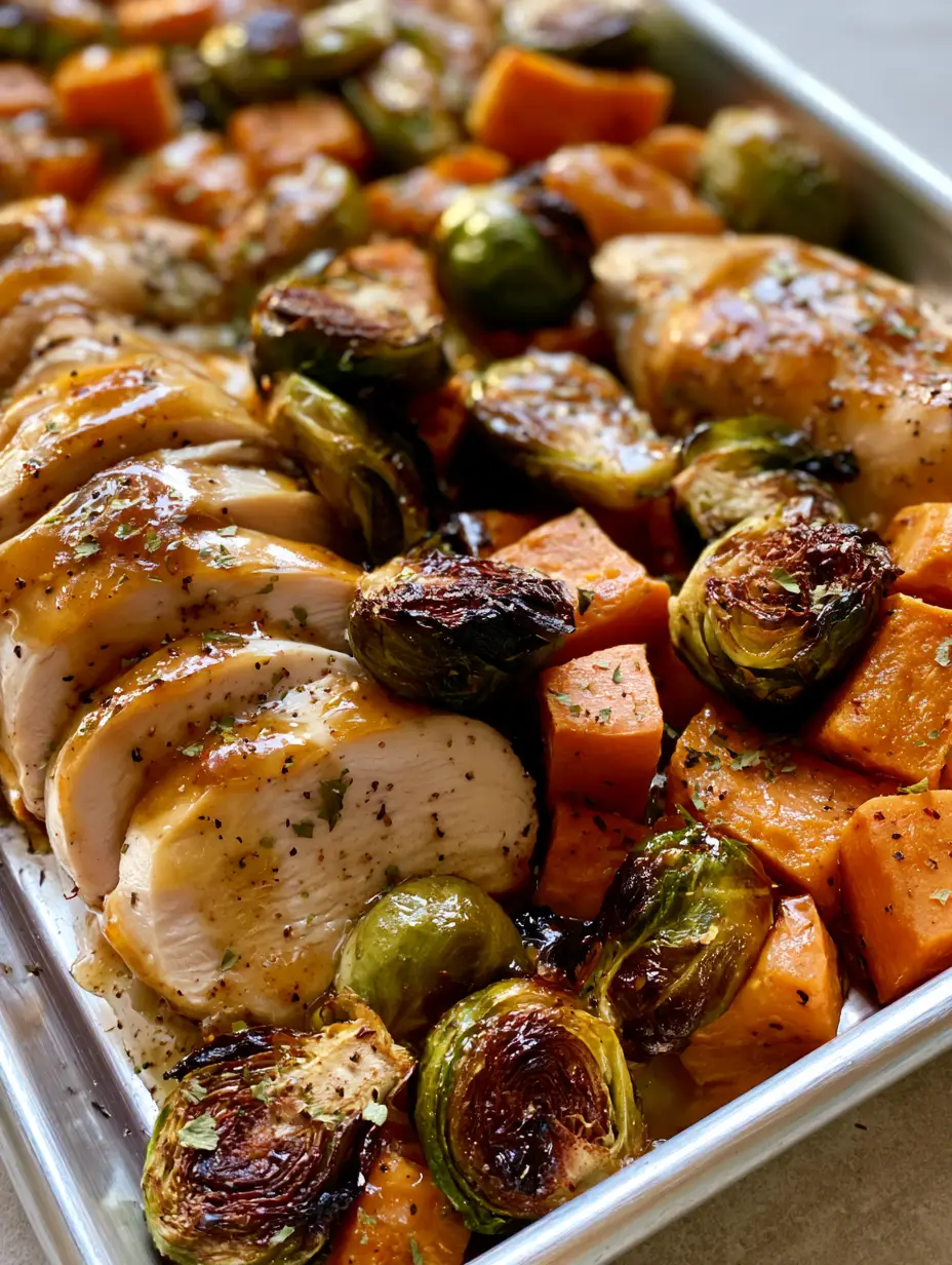 Close up of roasted chicken breast slices and crispy Brussels sprouts on a sheet pan. (Sheet Pan Honey Dijon Chicken)