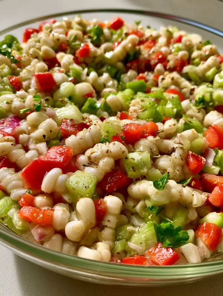 Top down view of Shoepeg Corn Salad highlighting the fresh parsley and diced red onion.