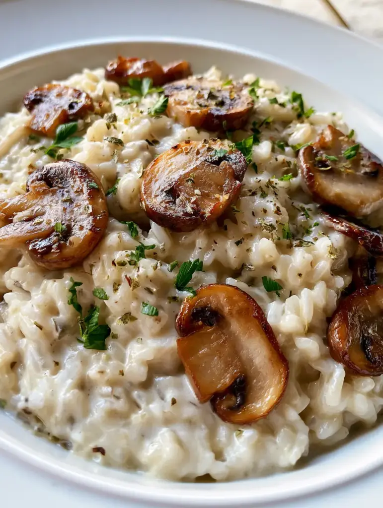 Creamy Mushroom Rice: The Ultimate Velvety One-Pot Side Dish 2 Close up of long-grain Creamy Mushroom Rice coated in a thick off-white velvety sauce with charred mushrooms.