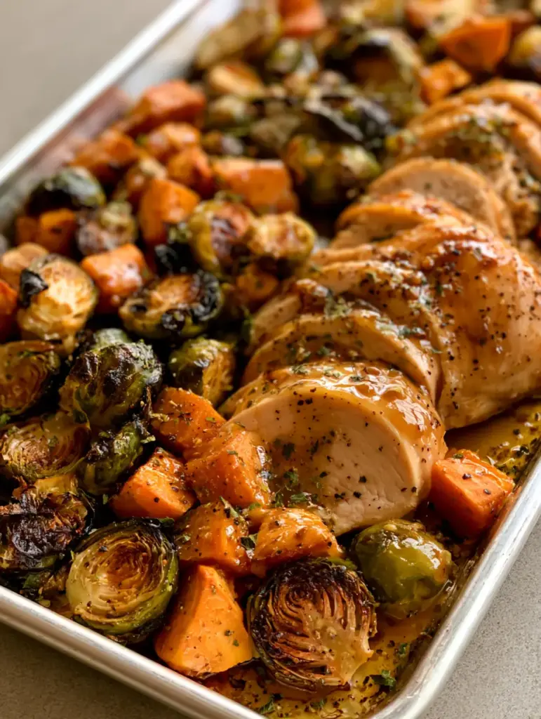 Overhead view of a silver sheet pan with golden-brown glazed chicken and orange sweet potato cubes.