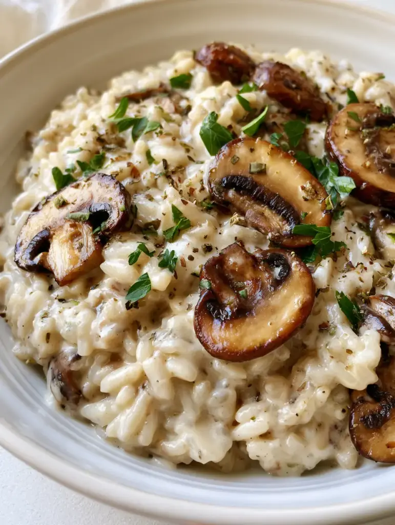 Creamy Mushroom Rice: The Ultimate Velvety One-Pot Side Dish 1 Creamy Mushroom Rice served on a ceramic plate with tiny dried herb flakes and fresh parsley garnish.
