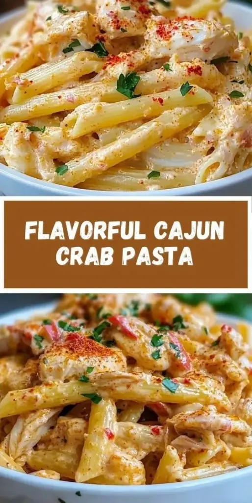 A handheld smartphone photo of a white ceramic bowl filled with creamy Cajun crab pasta, topped with lumps of white crab meat, red pepper flakes, and parsley.