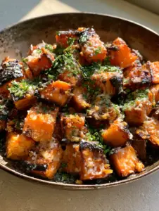 Close up photo of Garlic Parmesan Roasted Sweet Potatoes with visible bits of golden garlic and fresh parsley.