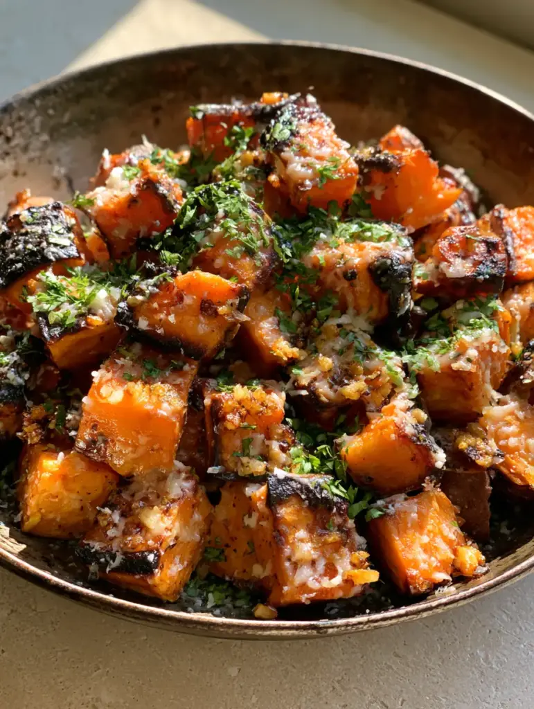 Garlic Parmesan Roasted Sweet Potatoes (The Ultimate Crispy Recipe) 2 Close up photo of Garlic Parmesan Roasted Sweet Potatoes with visible bits of golden garlic and fresh parsley.