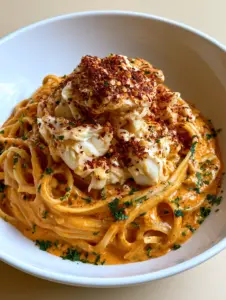 Close-up of glossy orange-hued Cajun Crab Pasta featuring moist lumps of white crab meat and linguine.