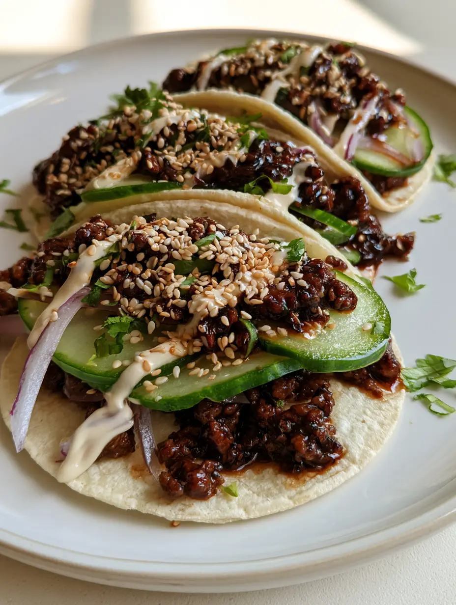 Close up of Korean Ground Beef Tacos showing dark mahogany beef crumbles and bright green cilantro.