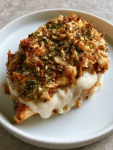 Close-up of Parmesan Crusted Chicken showing the thick white sauce layer and toasted panko breadcrumbs.