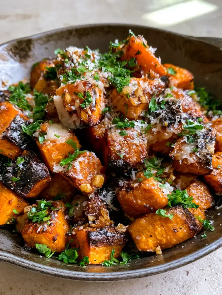 Garlic Parmesan Roasted Sweet Potatoes (The Ultimate Crispy Recipe) 1 Handheld smartphone photo of roasted sweet potato cubes coated in toasted white parmesan cheese.