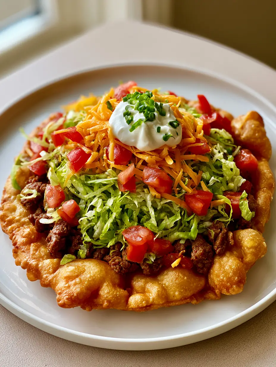 A handheld smartphone photo of a single Indian Taco on a white plate showing the bubbly texture of Native American Fry Bread.