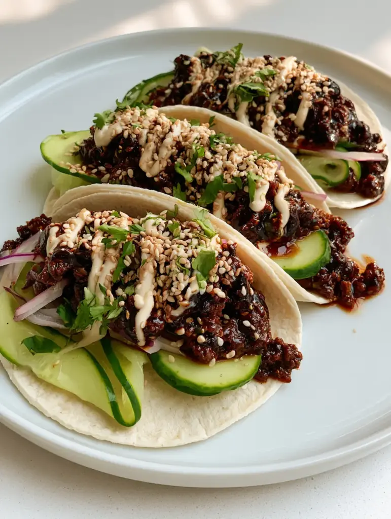 Three Korean Ground Beef Tacos served on a white ceramic plate featuring translucent pickled cucumbers.