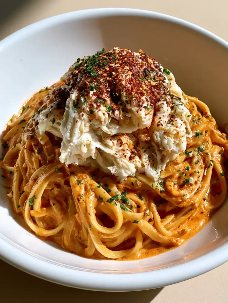 Top-down view of Cajun Crab Pasta with heavy red pepper flakes and fresh green parsley garnish.