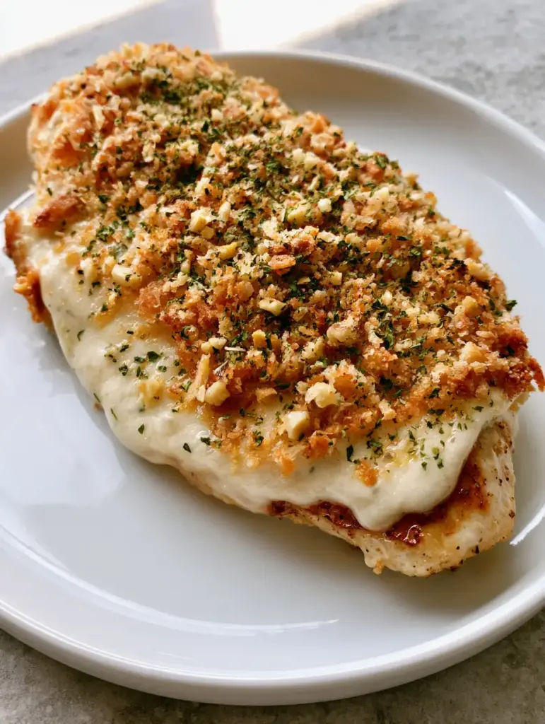 Slightly angled view of Parmesan Crusted Chicken on a light gray stone background.