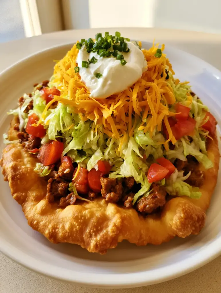 Top view of a Native American Fry Bread taco topped with a mountain of shredded lettuce, cheese, and a dollop of sour cream.