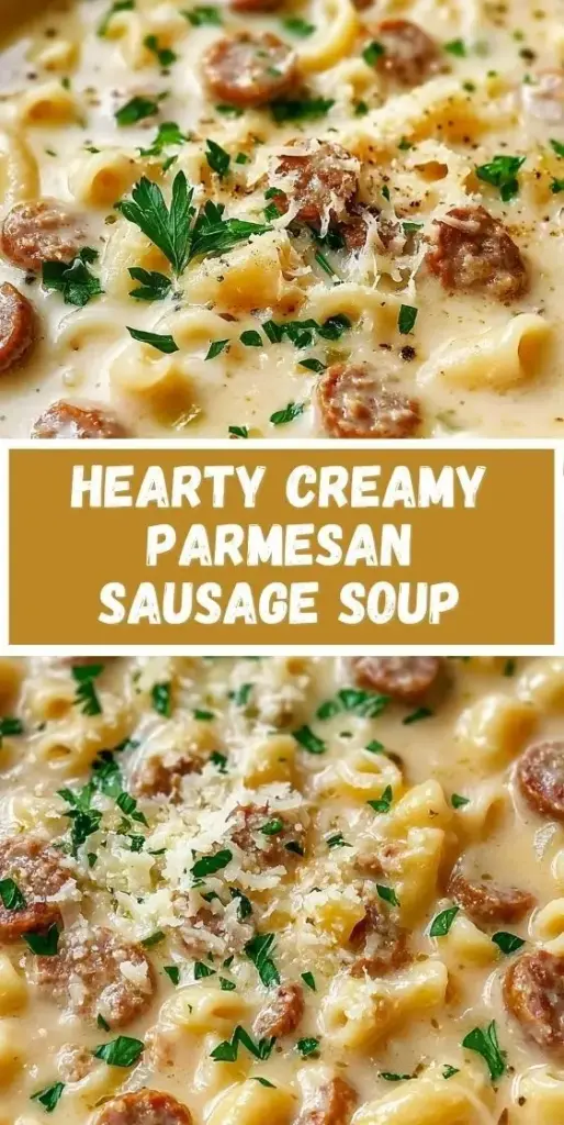 A vertical Pinterest pin featuring a white bowl of Creamy Parmesan Sausage Soup with caramelized sausage, kale, and thin potatoes.
