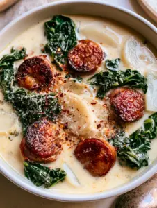Close up overhead shot of Creamy Parmesan Sausage Soup in a white bowl showing the ivory broth and vibrant green kale.