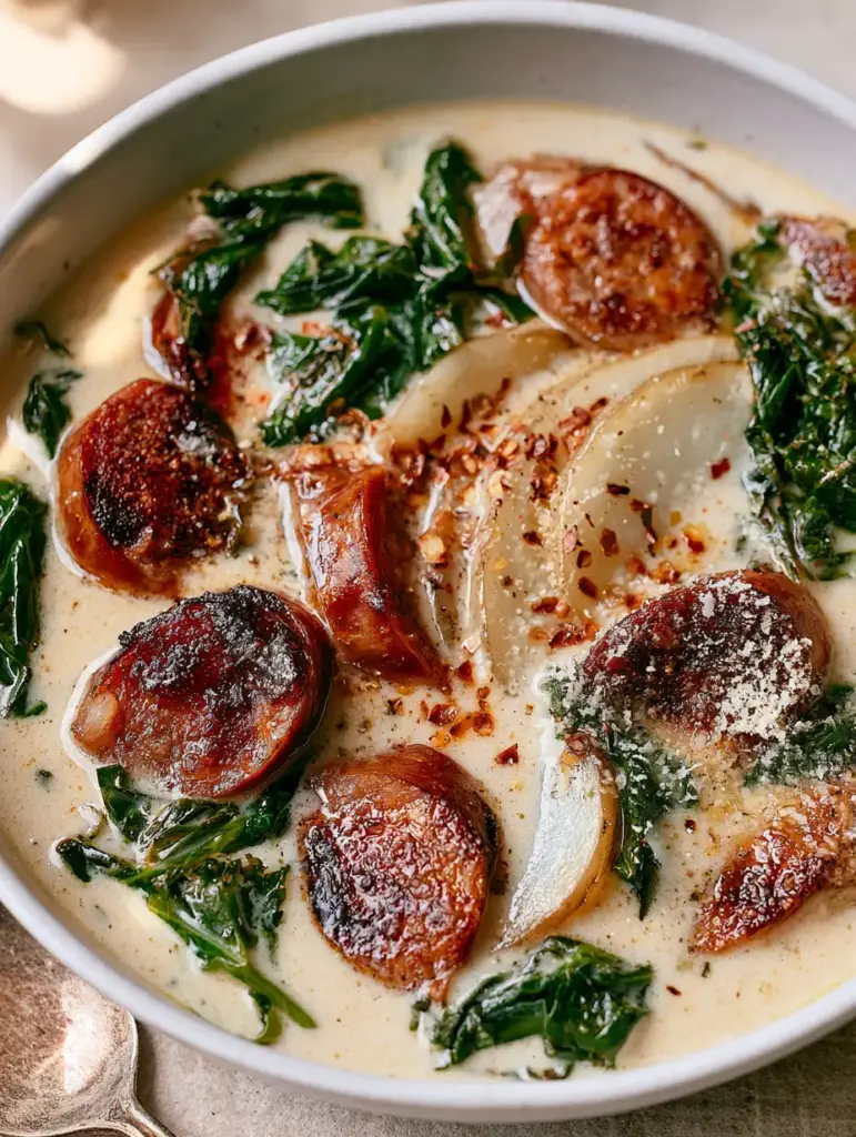 A rustic presentation of Creamy Parmesan Sausage Soup with a spoon, highlighting the thin potato slices and red pepper flakes.