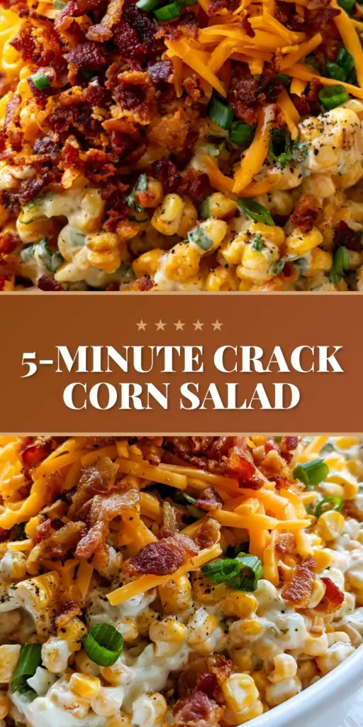 A handheld smartphone photo of creamy crack corn salad in a white bowl topped with crispy applewood bacon and melting orange cheddar.